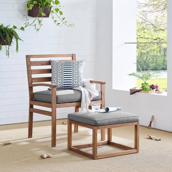 Walker Edison Furniture Company Acacia Wood Outdoor Patio Chair and Pull Out Ottoman - Brown/Grey