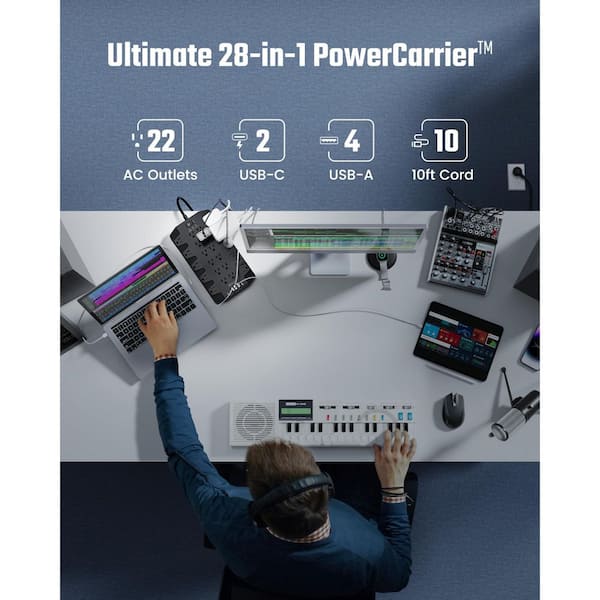 10 ft. Heavy-Duty Extension Cord Surge Protector with 22-Outlets, USB-C and USB-A Ports, Flat Plug for Home Office