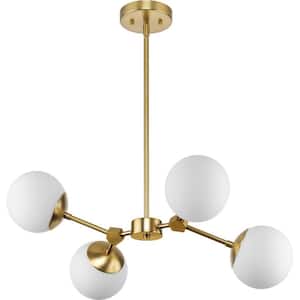 Haas 26.25 in. 4-Light Brushed Bronze Mid-Century Modern Chandelier with Opal Glass Shade