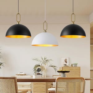 1-Light White and Gold Dome Hanging Pendant Light Chandelier with Metal Cover for Kitchen Island