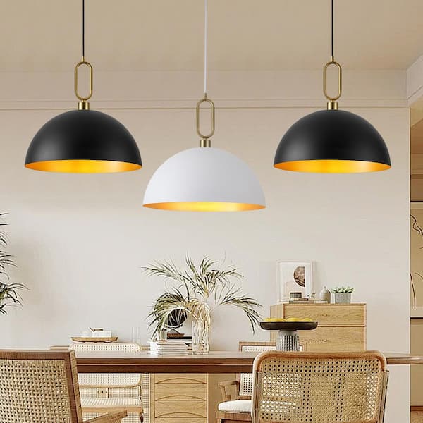 1-Light White and Gold Dome Hanging Pendant Light Chandelier with Metal Cover for Kitchen Island