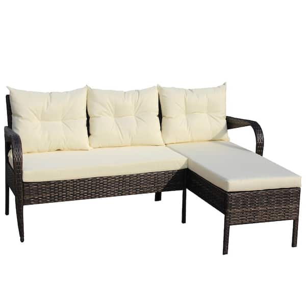 Zeus & Ruta 2-Piece Brown Wicker Ratten Patio Outdoor Sectional Sofa with Beige Cushions