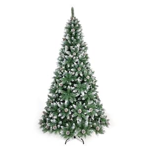 7 ft. Spraying White Unlit Pointed PVC Artificial Christmas Tree with Pine Cones and 1200 Branches Tips