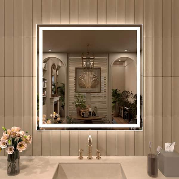 TaiMei TMMV 36 in. W. x 36 in. H Rectangular Frameless LED Light Anti-Fog Wall Bathroom Vanity Mirror in Polished Crystal