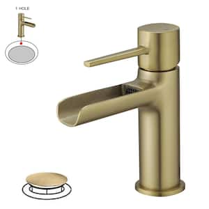 Waterfall Single Handle Single Hole Modern Bathroom Faucet Bathroom Drip-Free Lavatory RV Sink Faucet in Brushed Gold