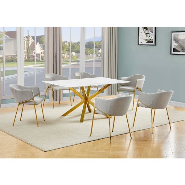 Best Quality Furniture Riley 7-Piece White Marble Wrap Glass Top Gold Chrome Iron Legs Dining Set with 6 Grey Linen Chairs