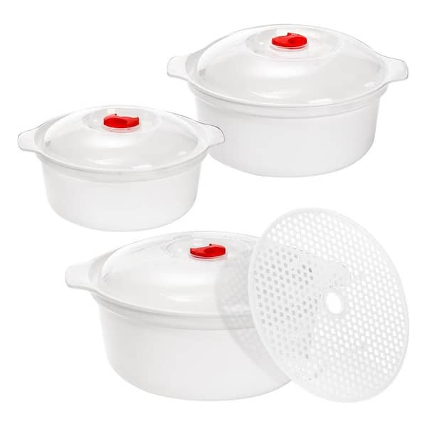 3-Piece White Plastic Microwave Bowls with Lids and Steamer Rack, Food Storage Containers for Kitchen, Office, Dorm