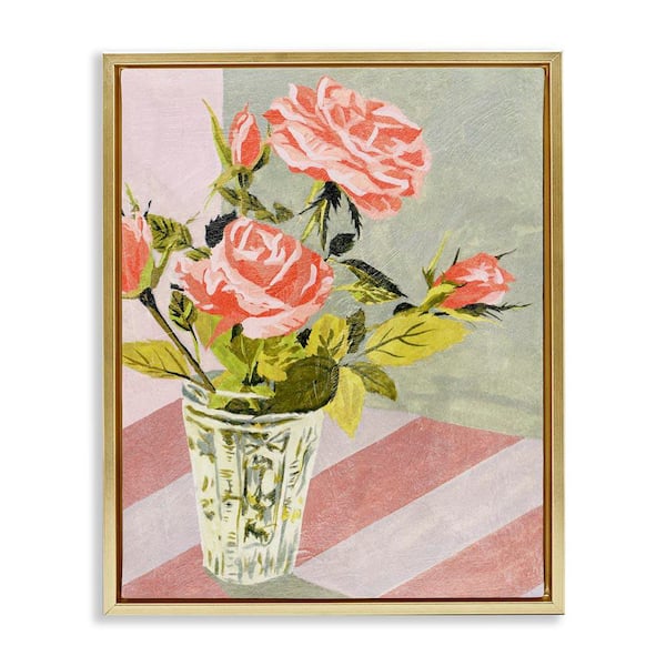 Stupell Industries Pink Roses on Stripes by Melissa Wang Gold Floater Frame Nature Graphic Art Print 21 in. x 17 in.