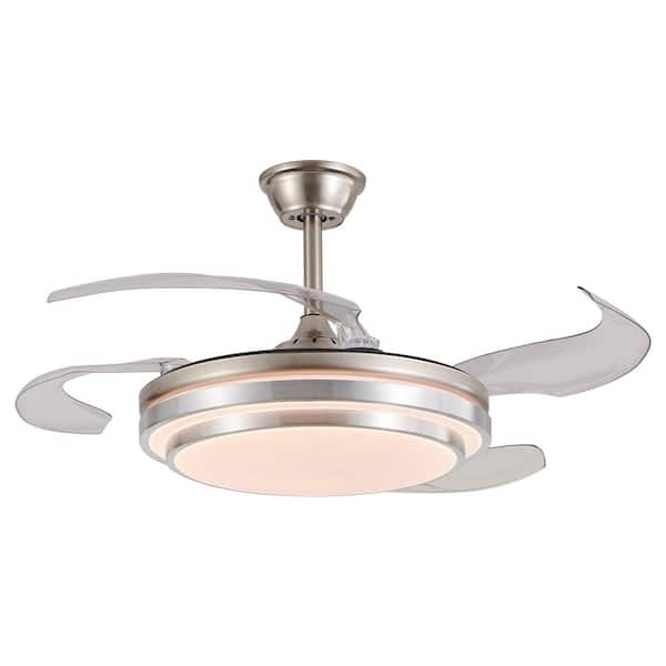 FIRHOT Modern 42 in. Indoor Brush Nickel Retractable Blades Ceiling Fan with Integrated LED Light Kit and Remote Control