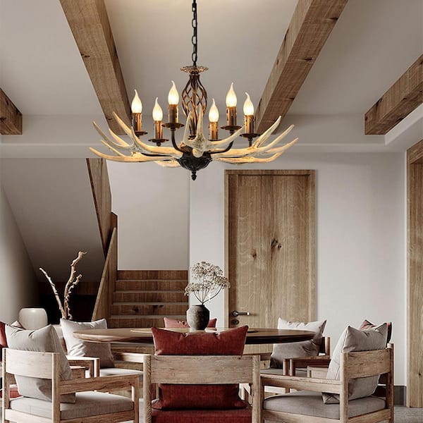 OUKANING 35.4 in. 6-Light Brown Retro Resin Antler Candelabra