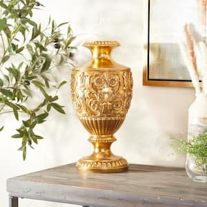 16 in. Gold Carved Polystone Decorative Vase