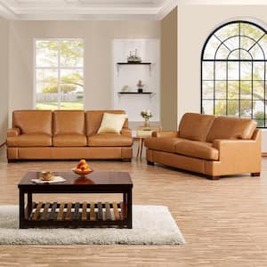 74.5 in. W Tan Brown Square Arm Leather Straight Top Grain Leather Mid-Century 2-Seat Sofa/Loveseat