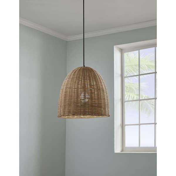 Highler 1-Light Matte Black Island Pendant Light with Natural Rattan Shade