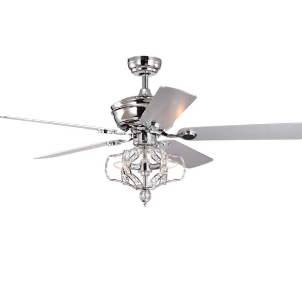 HKMGT 52 in. Indoor Chrome Ceiling Fan with Crystal Lampshade, 2-Color-Option Blades and Remote Included