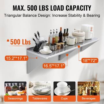 VEVOR Stainless Steel Shelf 18 in.x 72 in. Wall Mounted Floating Shelving 500 lbs Load Commercial Shelves BGSCTTJD187216Z9NV0