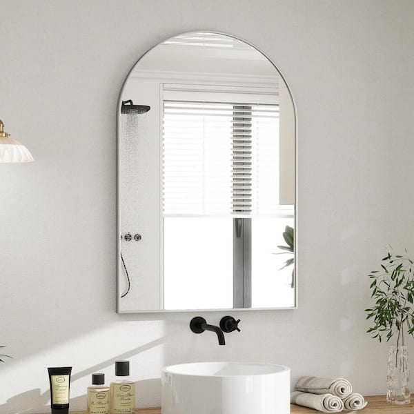 XRAMFY Silver 24 in. W x 36 in. H Arched Aluminum Alloy Framed Vanity Mirror Wall Mirror