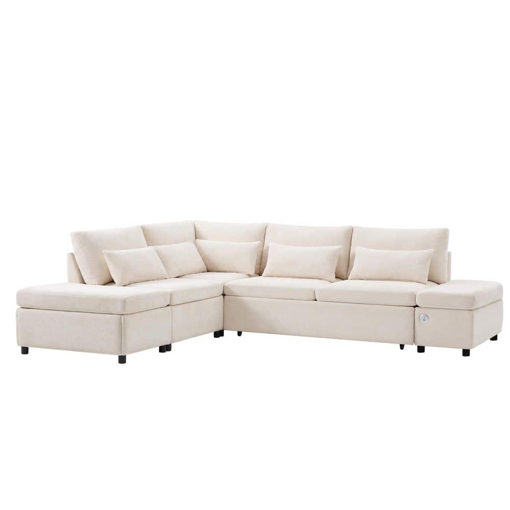 107 in. Chenille Modular Pull-out Sectional Sofa in Light Khaki and Beige with Wide Seats,Free Movement Storage Ottoman
