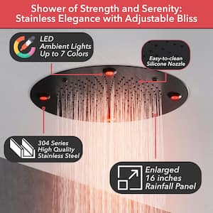 Luxury 5-Spray Thermostatic Shower Head 16 in. Round Ceiling Fixed and Handheld Shower Head and 6-Jet in Matte Black