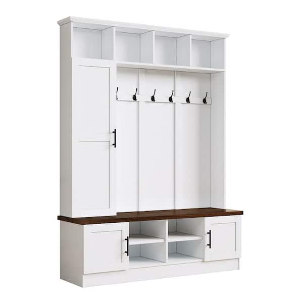 White 3-in-1 Hall Tree with Walnut Storage Bench, Adjustable Shelves and Coat Rack with 6 Hooks