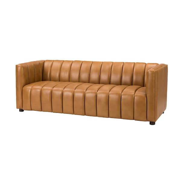 JAYDEN CREATION Pachynus 83 in.Wide Square Arm Genuine Leather Rectangle Contemporary Channel-tufted Sofa in Camel