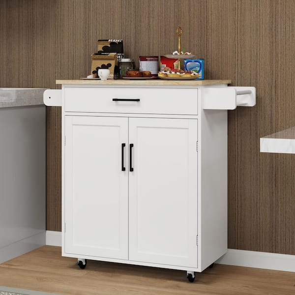 FAMYYT Rolling White Rubber Wood Tabletop 29 in. Kitchen Island with Adjustable Shelve