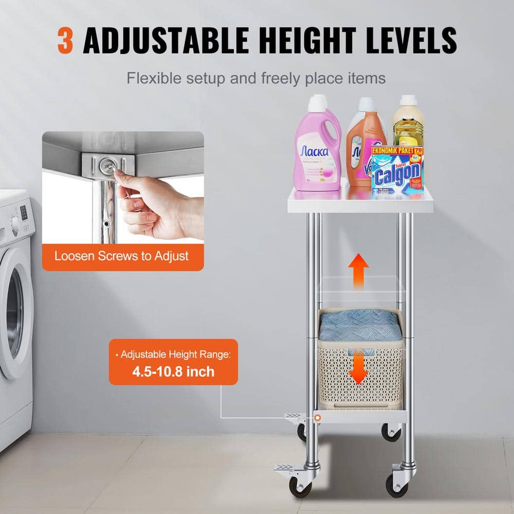 Silver Stainless Steel Adjustable Height Kitchen Cart