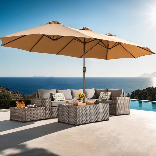 Alpine C 15 ft. Outdoor Double-Sided Market Patio Umbrella, UV Protection with Base in Beige