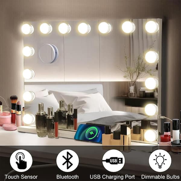 22.8 in x 18.1 in Vanity with 15 Integrated LED Light and Bluetooth Speaker, Dimmable Makeup Mirror with USB Charge Port