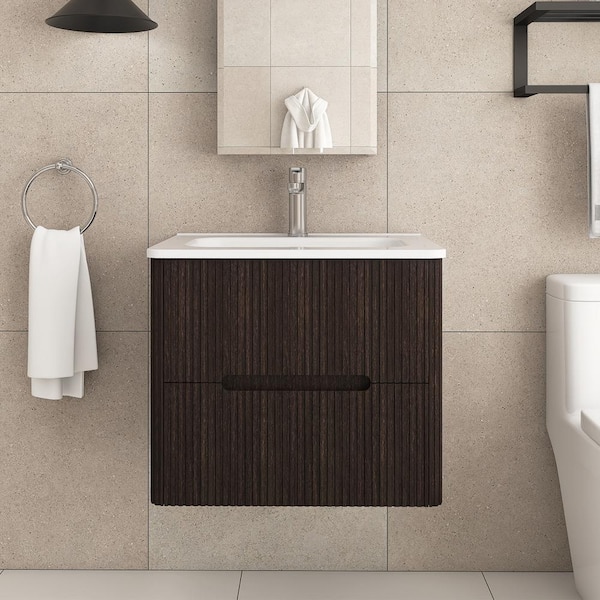 24 in. W x 18 in. D x 20 in. H Single Sink Wall-Mounted Bath Vanity in Dark Brown with White Ceramic Top