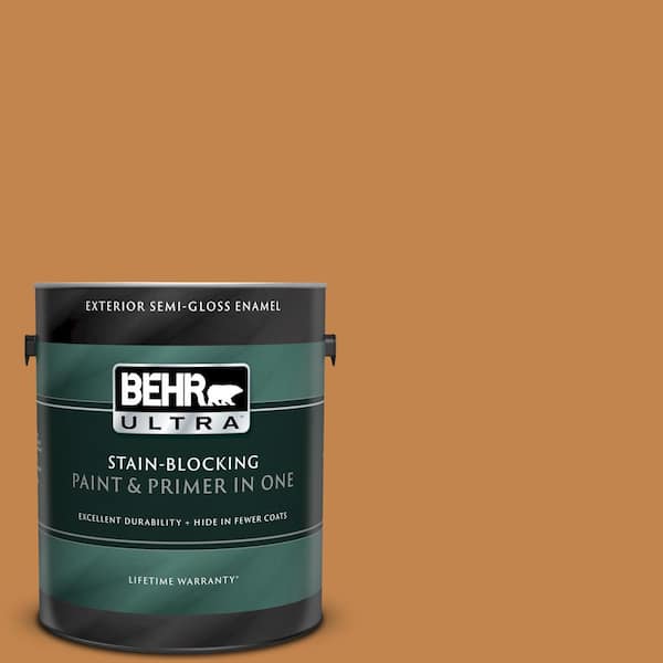BEHR ULTRA 1 gal. #UL120-9 Butter Rum Semi-Gloss Enamel Exterior Paint and Primer in One