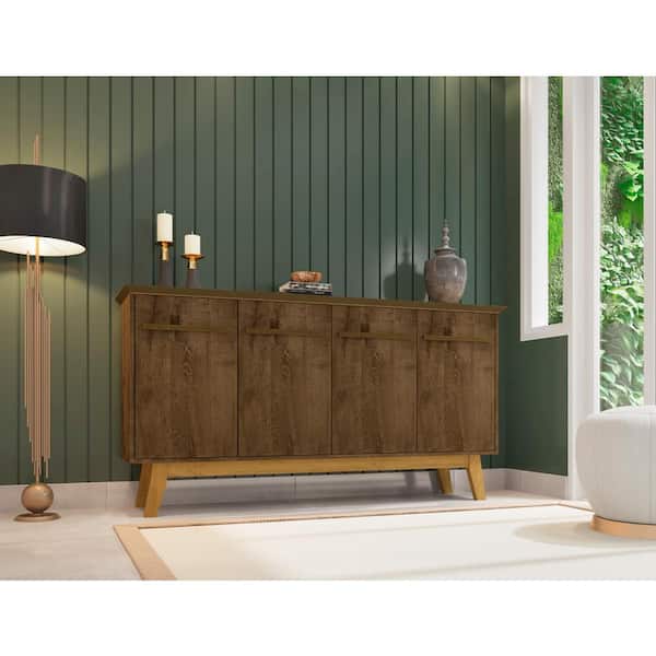 Manhattan Comfort Yonkers Mid-Century Modern Rustic Brown Composite Wood 62.99 in. Sideboard with 4-Storage Shelves and 4-Doors