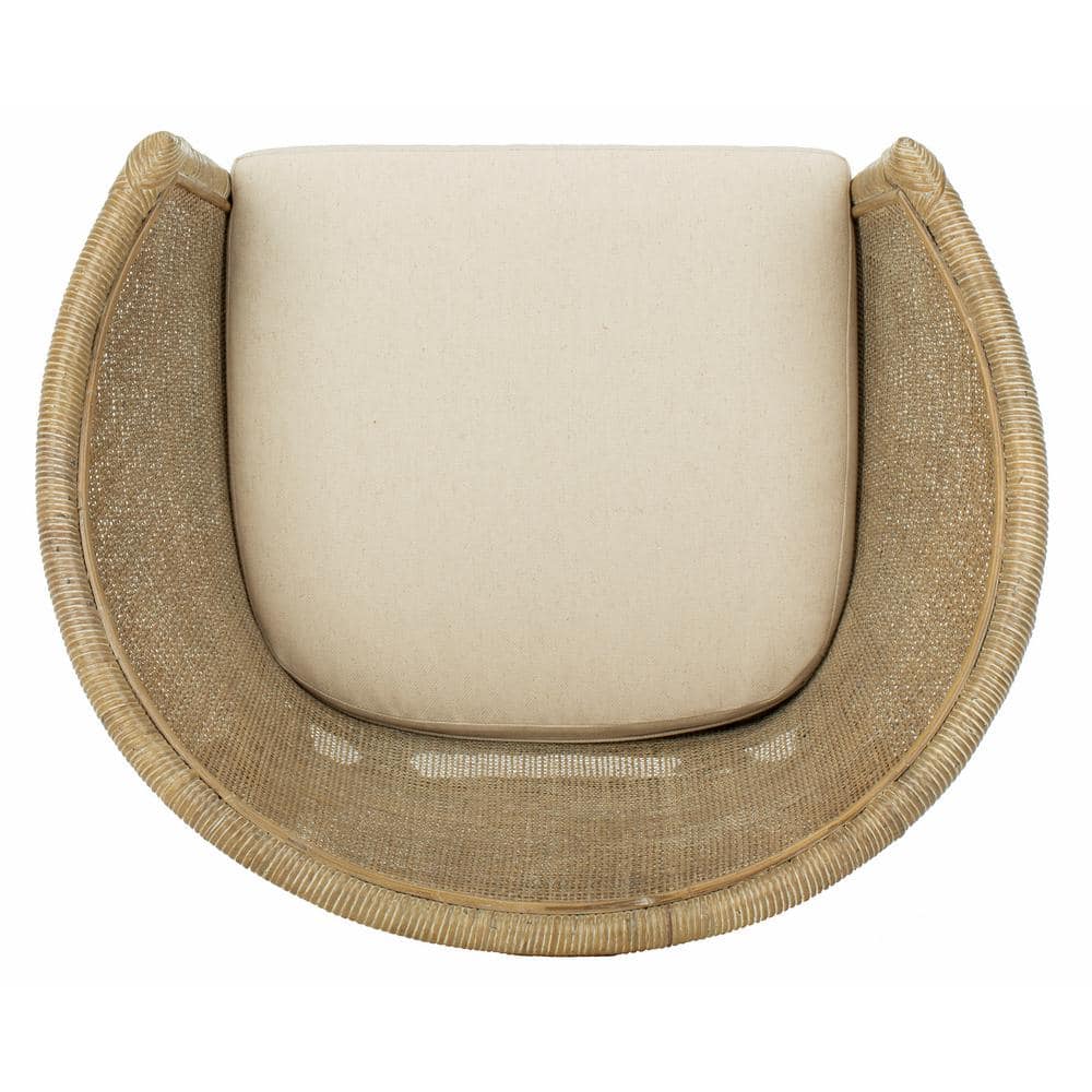 Transitional Whitewashed Rattan Armchair with Off-White Linen Cushion