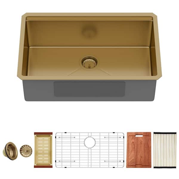 30 in. Undermount Single Bowl 16-Gauge Gold Stainless Steel Workstation Kitchen Sink with Bottom Grid and Strainer