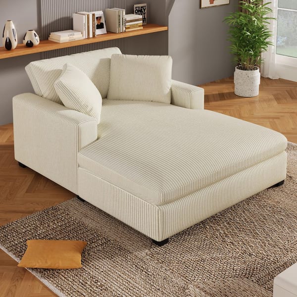 Beige Plush Corduroy Fabric Oversized Chaise Lounge with 2-Comfy Pillows, Solid Wood Legs