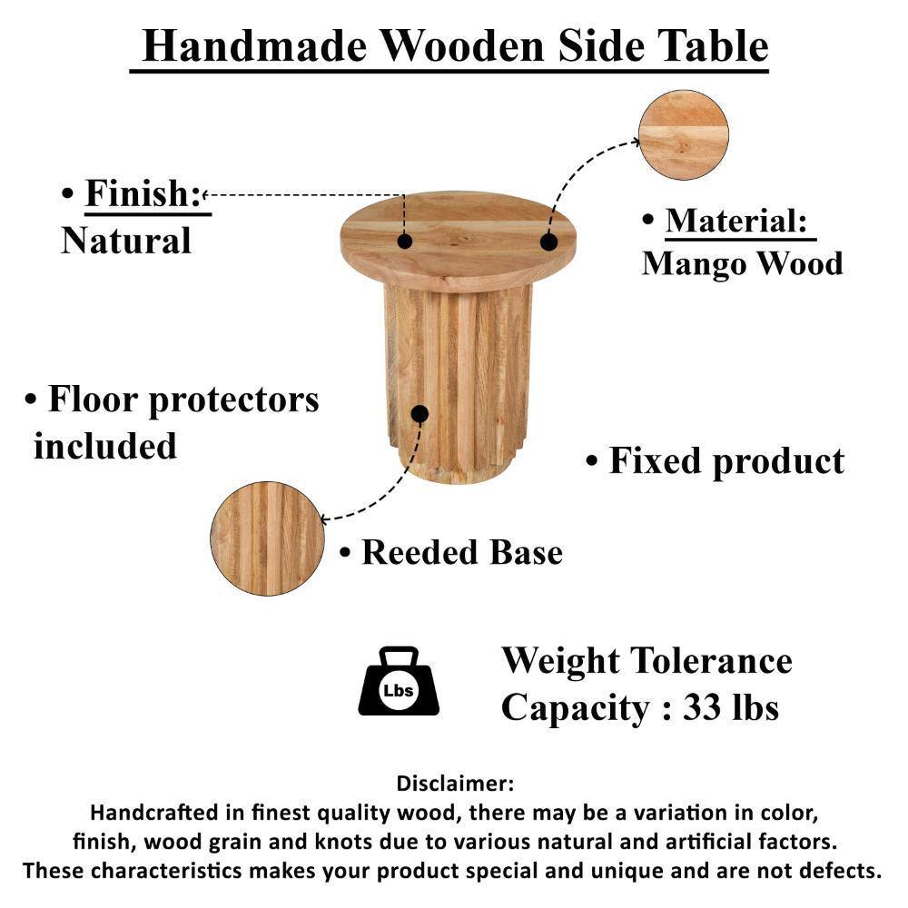 Natural Brown Mango Wood Round End Table with Reeded Base