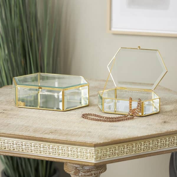 Litton Lane Clear Glass Geometric Beveled Hexagon Jewelry Box with Gold Metal Frame and Chain Accent (Set of 2)