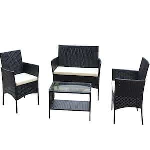 4-Piece Black Wicker Rattan Patio Conversation Set with Beige Cushions, Glass Top Table for Garden, Porch, Balcony