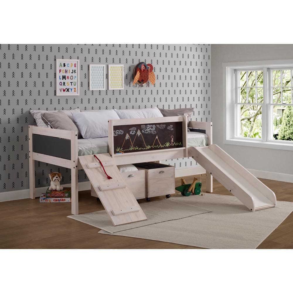 White Wash Pine Twin Loft Bed with Toy Boxes and Slide