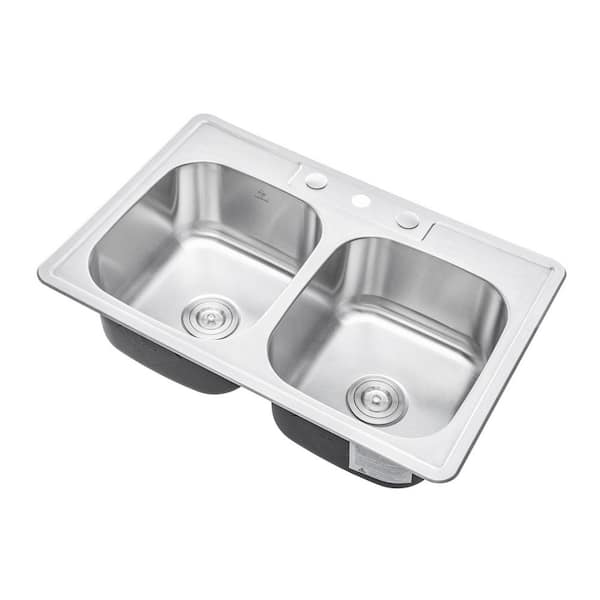 Topmount Drop In Stainless Steel 33 in. x 22 in. x 9 in. Deep 3 Faucet Holes Double Bowl 50/50 Kitchen Sink Combo