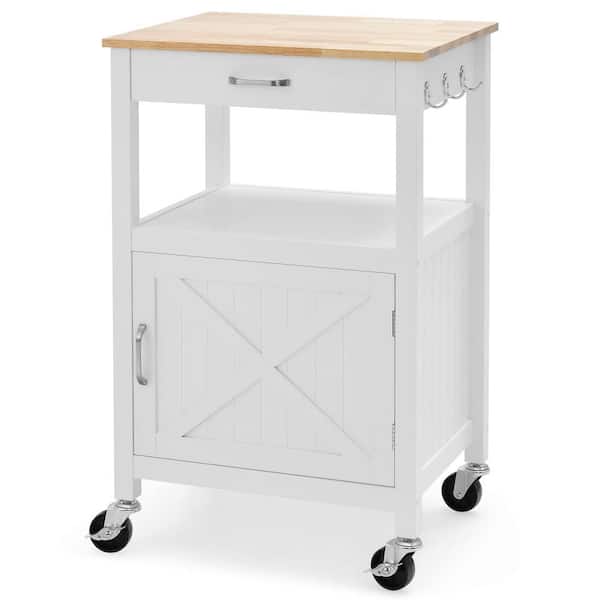 Bunpeony White Stainless Steel Kitchen Cart Island on Wheels with Barn Door, Drawer and Side Hooks