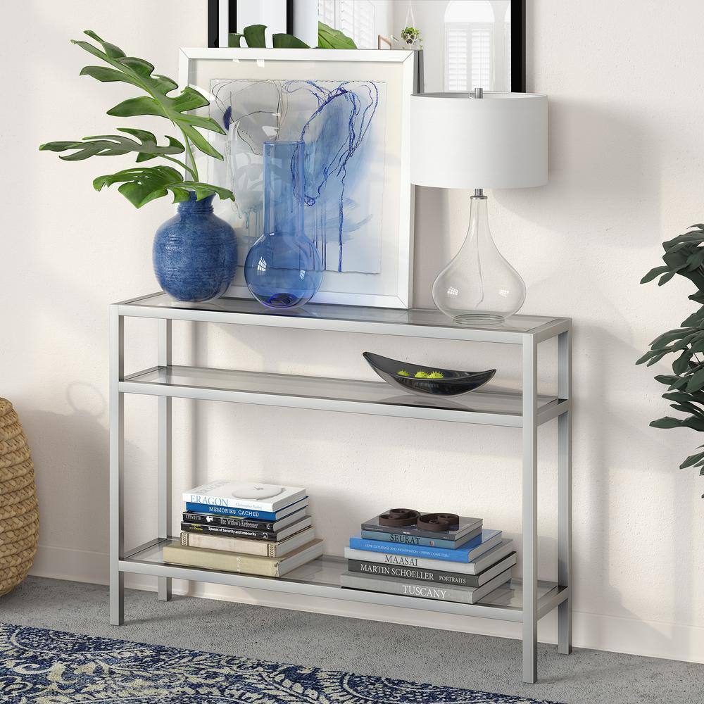 Satin Nickel Industrial Console Table with Tempered Glass Shelves