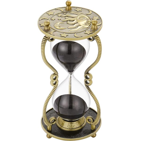 Afoxsos Black Sand Brass Hourglass Timer 60-Minute with Sun  and  Moon Engraving Perfect for Gift, Office and Desk Decorative