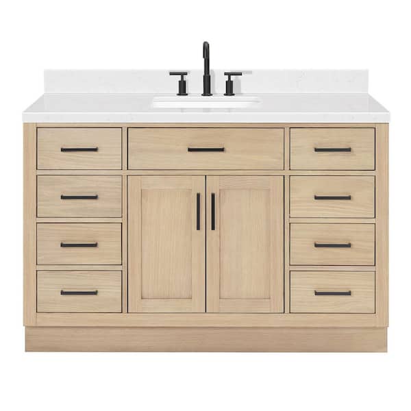 Hepburn 54 in. Single Sink Freestanding Bathroom Vanity in Oak with Carrara White Quartz Top