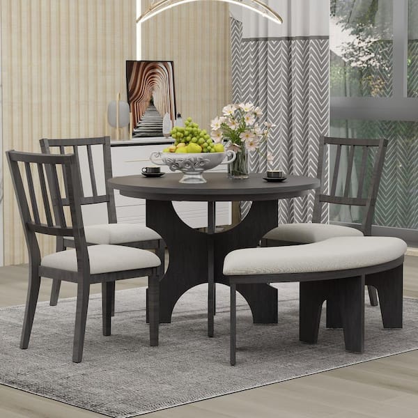Qualler Gray 5-Piece Round Dining Table Set with 3 Chairs and a Curved Bench