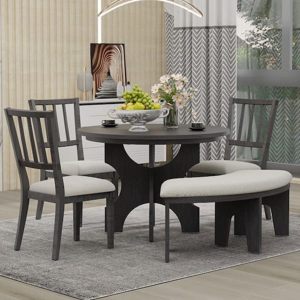 Qualler Gray 5-Piece Round Dining Table Set with 3 Chairs and a Curved ...