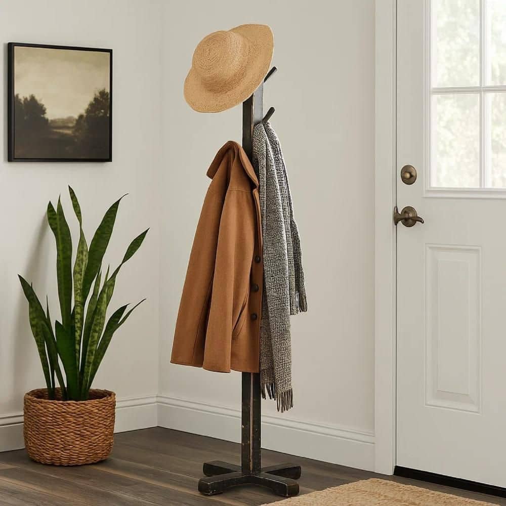 Benjara Rena Rustic Black Mahogany Hat and Coat Rack Stand with 8