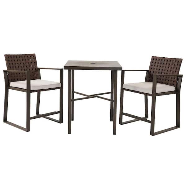 Clihome 3-Piece Rattan Outdoor Bar Stools Set w Cushion, Bistro Bar Table with Umbrella Hole