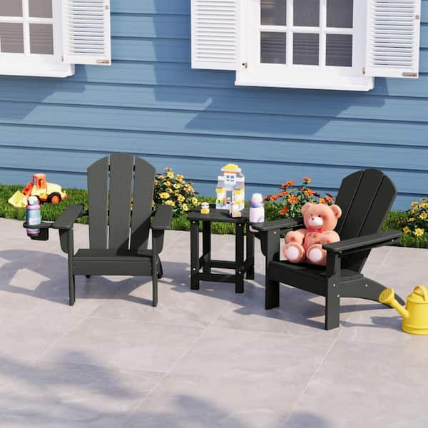 Children's Laguna Outdoor Patio 3-Piece All Weather Kids Poly Plastic Adirondack Chairs w/ Side Table Set, Gray