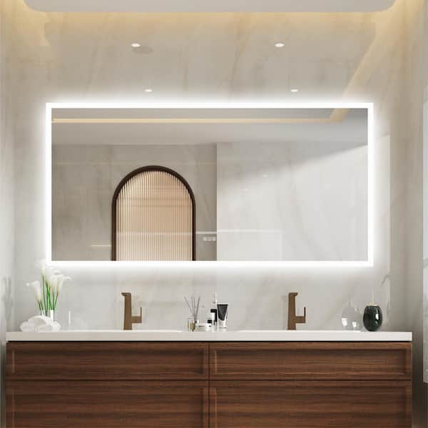 WELLFOR 72 in. W. x 36 in. H Rectangular Frameless LED Anti-Fog Dimmable Wall-mounted Bathroom Vanity Mirror in Aluminum