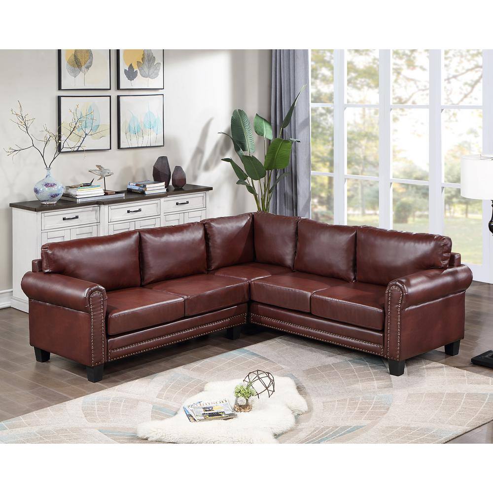 86in W Rolled Arm 4 Piece L Shaped Solid Faux Leather Mid Century Sectional Sofa With Rivet Ornament In Brown